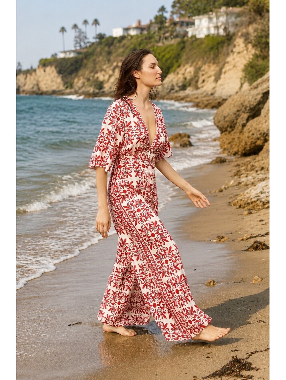 Anthropologie Farm Rio Carmina Linen Blend Wide leg Jumpsuit Deep V- Neck Sz Sm